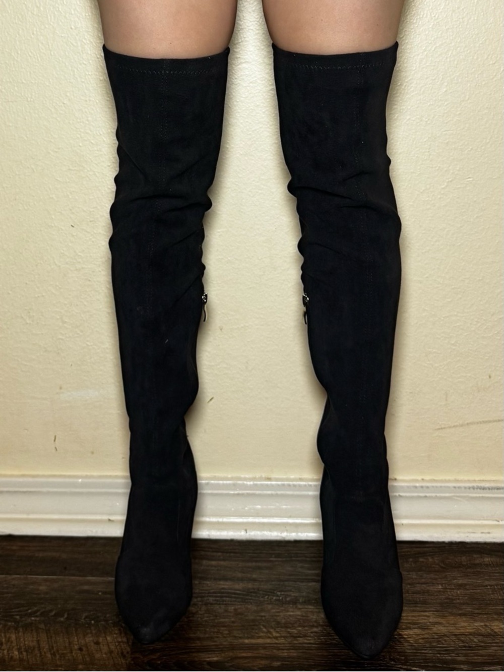 Over-the-Knee Black Stretch Suede Boots - Sleek Women's Fashion